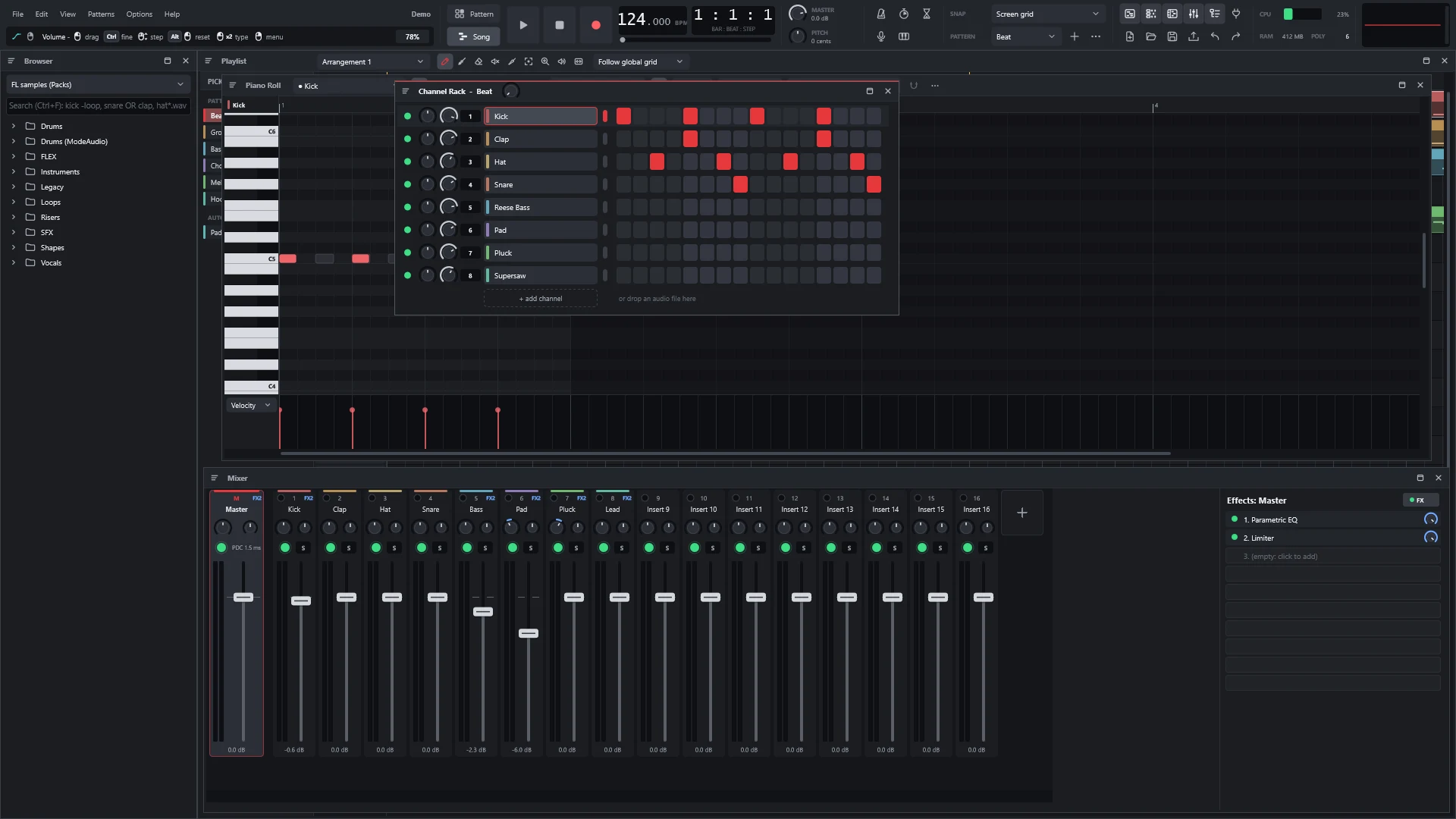 LYNX with the Channel Rack, Piano Roll, Playlist and Mixer open